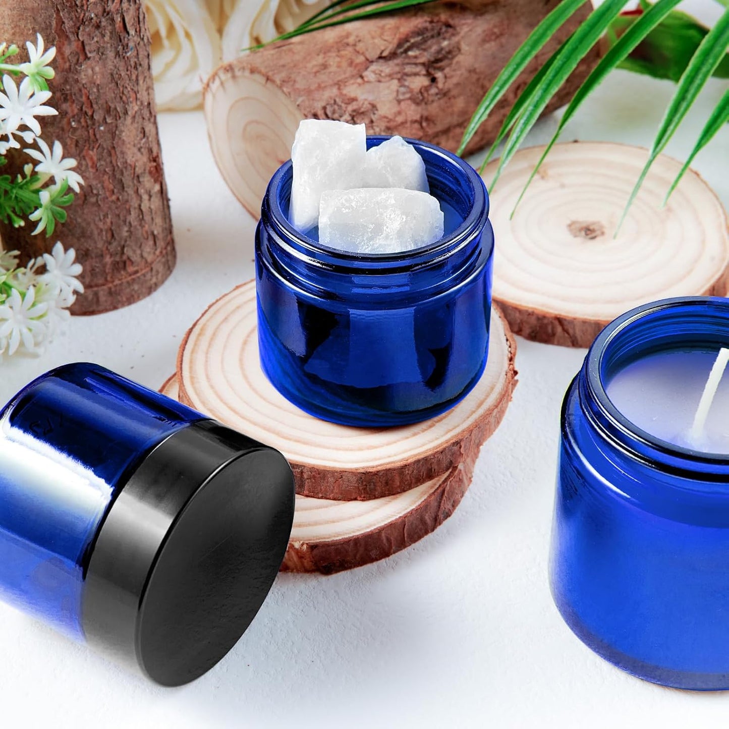 2oz Jars with Lids, Hoa Kinh 24 Pack Blue Glass Jars with Lids Empty Cosmetic Containers Round Airtight Glass Jar with Inner Liners and black Lid for Storing Lotions, Powders, and Ointments