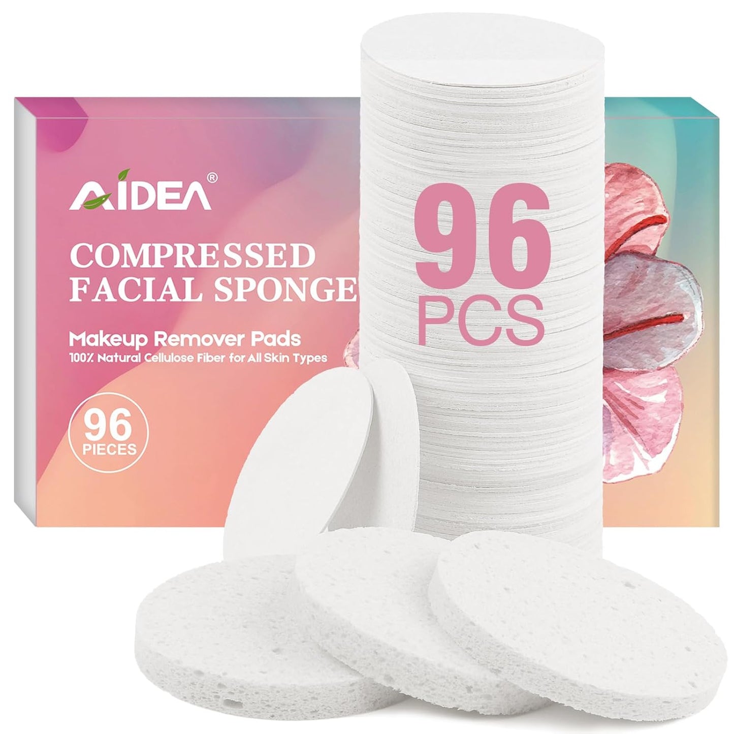 AIDEA Compressed Facial Sponges 96Count White, Round, Face Sponges for Cleansing, Travel Essentials, Natural Cellulose Cosmetic Makeup Sponge for Facial Cleansing, Exfoliating, Makeup Removal