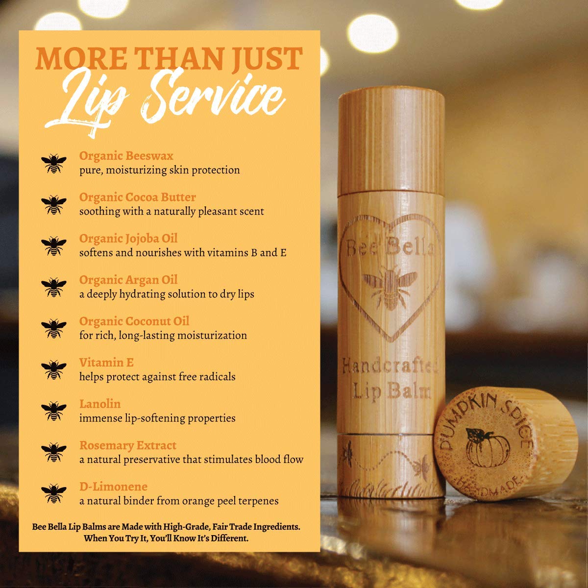 Bee Bella Lip Balm Pumpkin Spice (3 Pack)- With Beeswax, Coconut Oil, Jojoba Oil, Vitamin E Oil, Argan Oil and More for Soft and Smooth Lips - Long-Lasting Moisture - Handmade in the USA