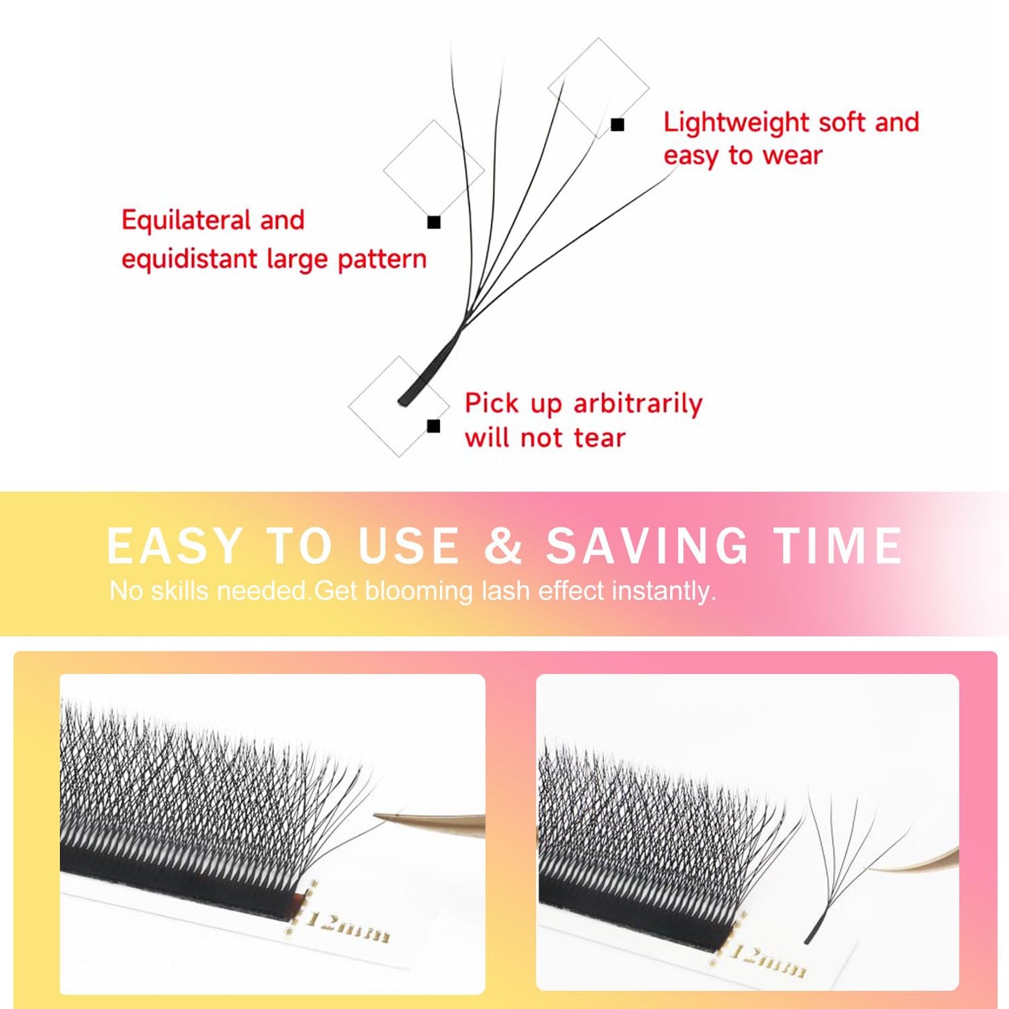 W Lash Extensions Supplies 5D Eyelash Extensions W Shape 0.07mm Thickness C Curl 9mm Premade Fans Easy Fan Lashes Volume Matte Black 12 Rows Crisscross Eye Lashes(W-5D-0.07-C,9mm)