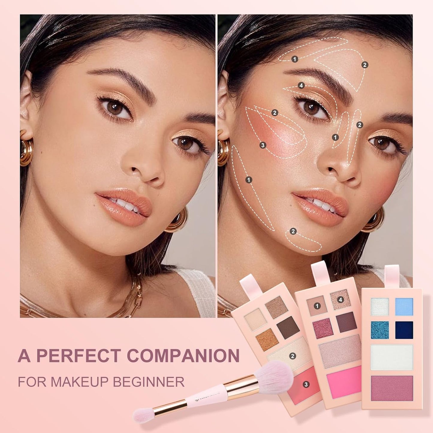 Color Nymph Small Makeup Palette Set for Face | Cosmetics Gift Set for Women & Girls | 12 Colors Eyeshadow, Blush, Highlighter, Contour Powder, Lip Gloss & Brush Kit | Travel-Friendly (Pink)