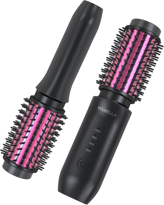 Cordless Hair Curling Iron Brush, Mini Travel Hot Straightener Comb, 3-in-1 Portable Wave Curling Wand, 1.5″ Ionic Heated Brush, USB Rechargeable Hair Curler, Black – No Automatic Rotation