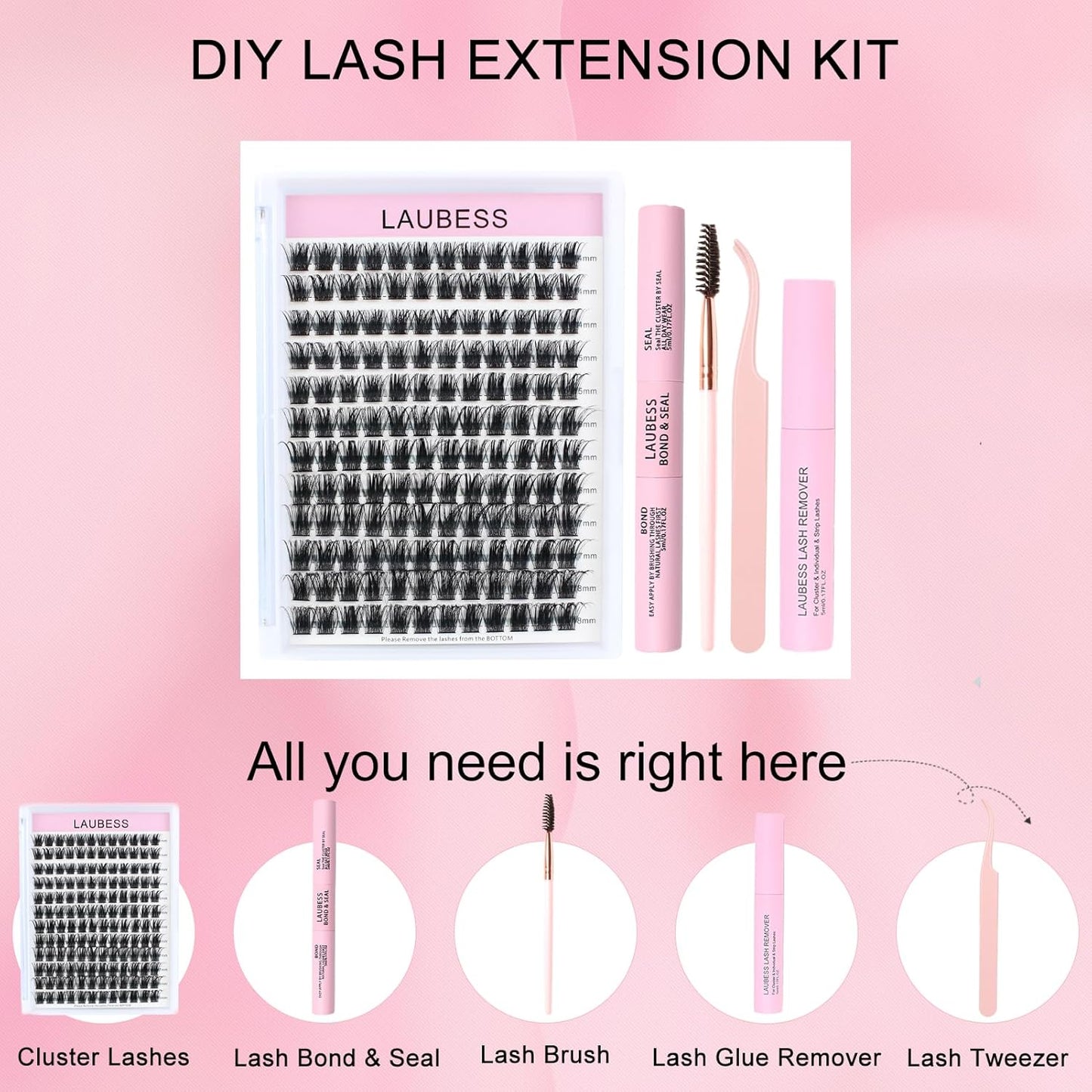 Lash Extension Kit LAUBESS Lash Clusters Kit Cluster Eyelash Extensions Kit Eyelash Clusters Lash Bond and Seal Waterproof Tweezers Brush Lash Glue Remover (Kit 01-D-Mix14-18)