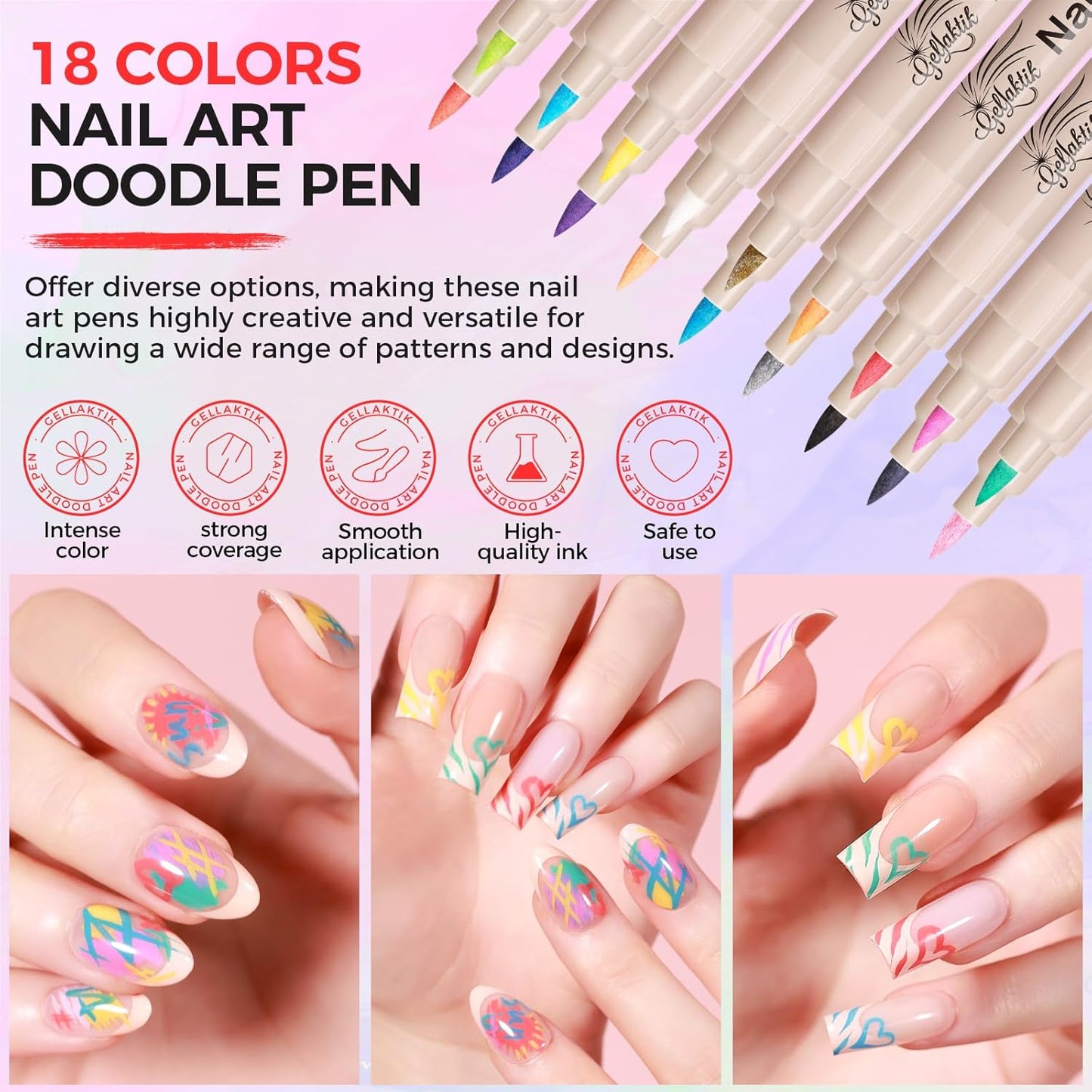 18 Colors Nail Art Pens Set, 3D Nail Polish Pens Quick-Drying Acrylic Paint Markers, Dotting Liner Brush for DIY Nail Design, Home & Salon Manicure Tools