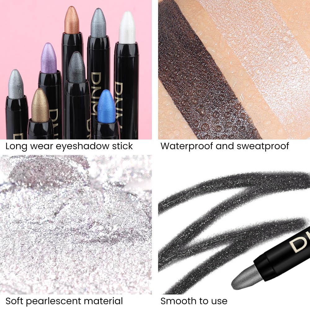 Kaely 4Pcs Metallic Shimmer Eye Shadow Sticks Set, Pearl White Pearl Black Vioiet Purple Royal Blue, Eyeliner Pencil Eyeshadow Palette Halloween Makeup, Eye Highlighter Brightener Stick for Women