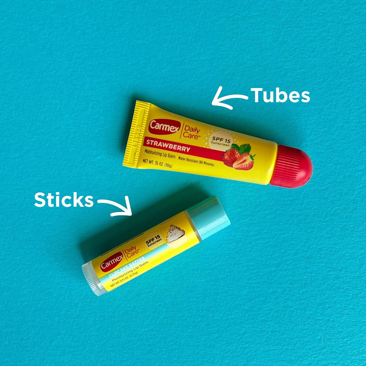 Carmex Daily Care Moisturizing Lip Balm Pack, SPF 15, Strawberry & Cupcake Batter Flavor Variety Pack Bag, 9 Count (7 Sticks, 2 Tubes)