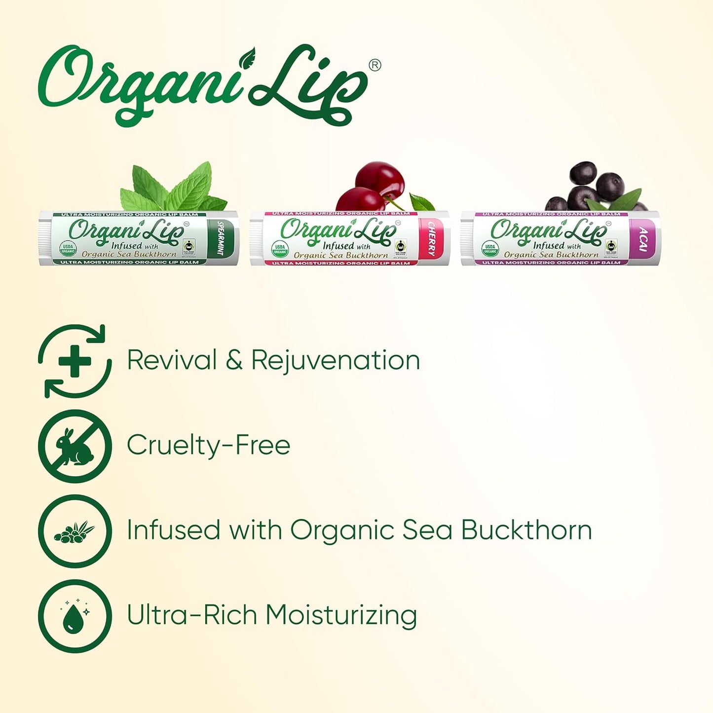 OrganiLip Organic Lip Balm, Variety3 Pack (Spearmint, Cherry, Acai), Ultra Hydrating Lip Moisturizer for Dry Lips, USDA Certified Organic,