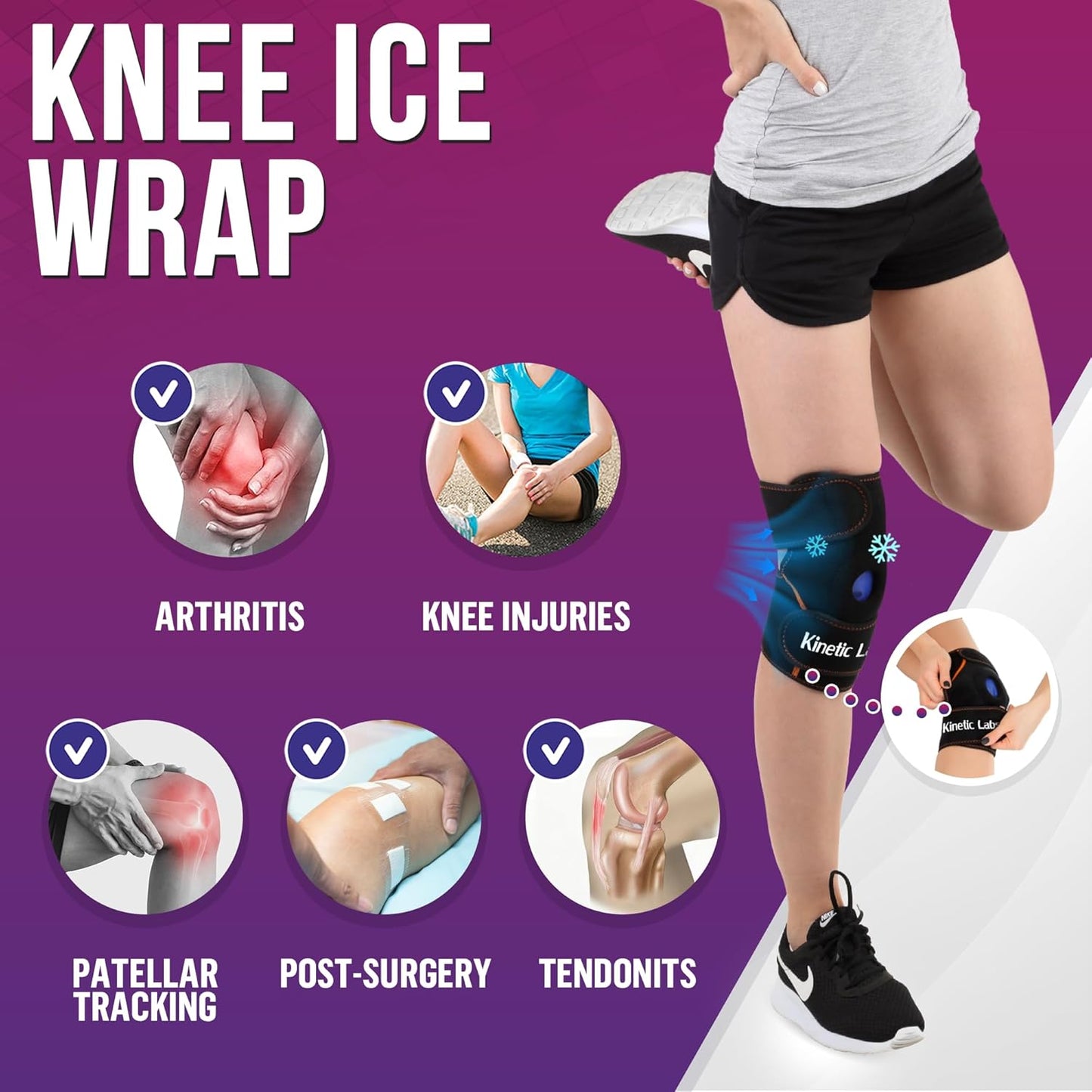 Knee Ice Wrap by Kinetic Labs – Reusable Hot & Cold Gel Pack with Extra Insert – Ice Pack for Knee Injuries, Meniscus, ACL, Tendonitis