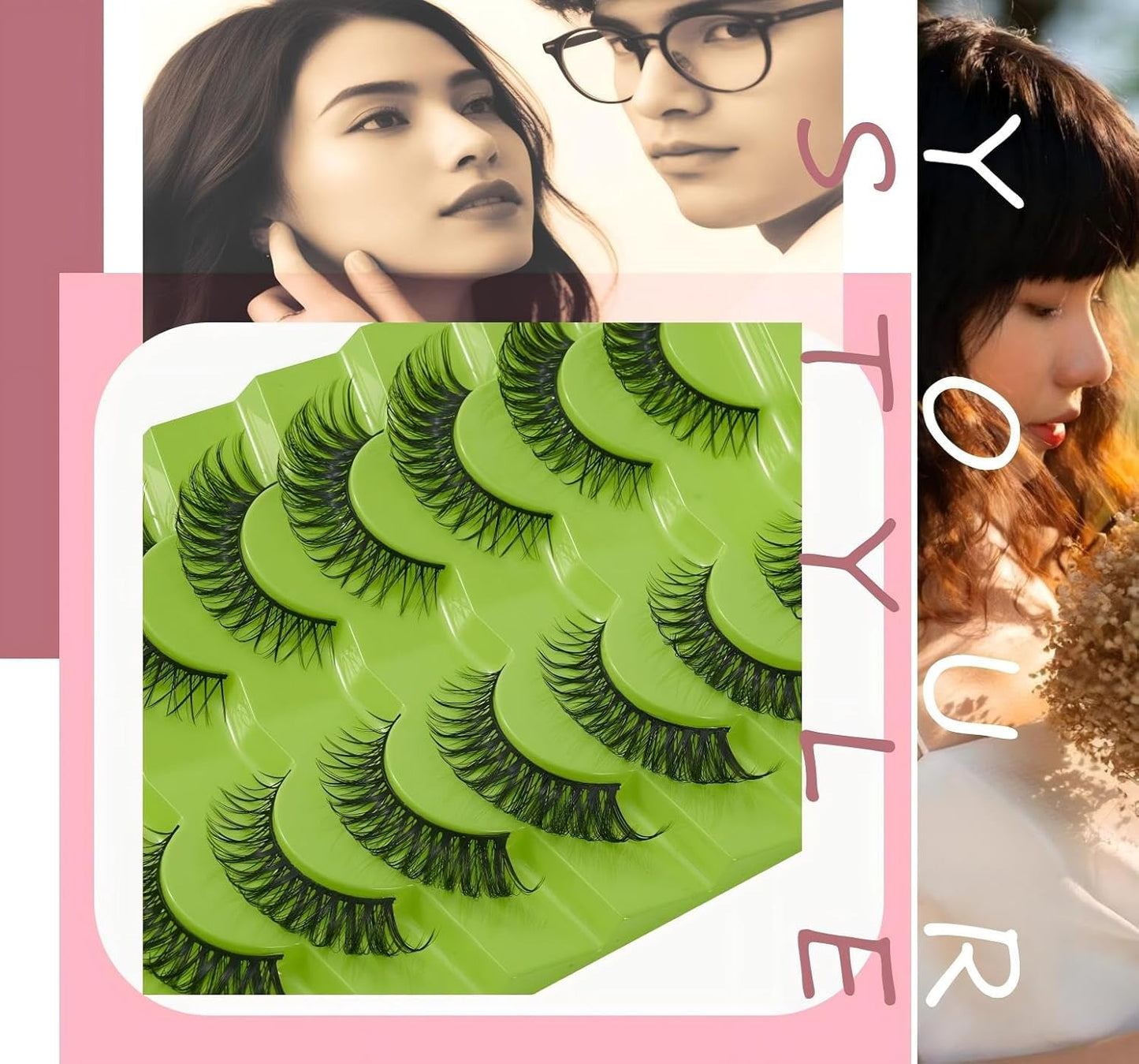 viiviiRose'e False Eyelashes,Black Superfine Cotton Band Lashes,Vegan 3D Volume Eye Lashes,Natural Look Lash,Faux Mink Eyes Lash,C/D Curl,Makeup,7 Pairs,Green(S77)