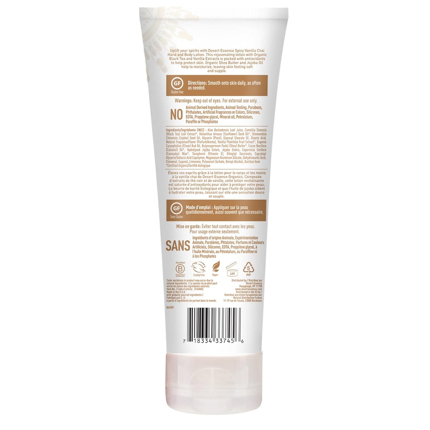 Desert Essence Spicy Vanilla Chai Hand & Body Lotion, Uplifting, Smoothes & Softens Skin, No Greasy Residue, Aloe Vera, Shea Butter, Vitamin E, 8 Fl Oz