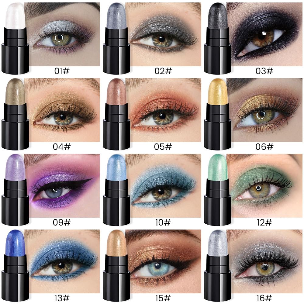evpct 12Pcs Capsule Cream Eye Shadow Brightener Sticks Set for Eyes, Pearl White Smokey Black Gray Khaki Royal Blue Violet Purple Silver Shimmer Matte Pencil Eye shadow Applicator Stick Palette Makeup