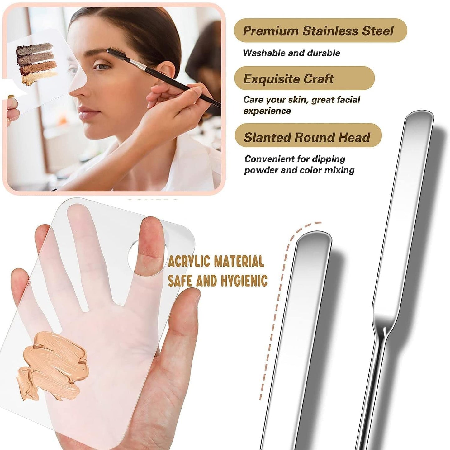 Makeup Spatula and Makeup Palette, Stainless Steel Foundation Palette & Tiny Cosmetic Spatula Tool for Nail, Art, Eye Shadow, Eyelash, Face Makeup (Acrylic)