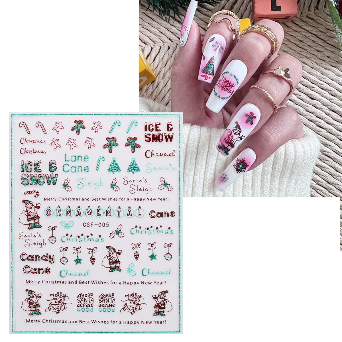 JMEOWIO 9 Sheets Christmas Glitter Nail Art Stickers Decals Self-Adhesive Green Red Snowflake Winter Holiday Nail Supplies Nail Art Design Decoration Accessories