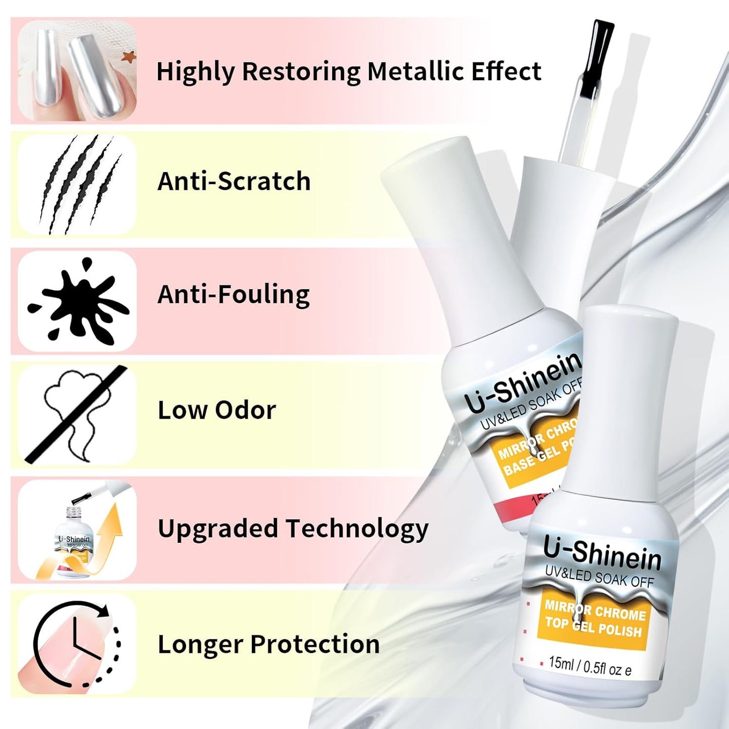 15ml Top Coat for Metallic Painting Gel, No Wipe Top Gel Polish for Metallic Gel Nail Polish, Chrome Nail Polish, Chrome Nail Powder, Mirror Nail Gel, Easy to Make Mirror Chrome Effect