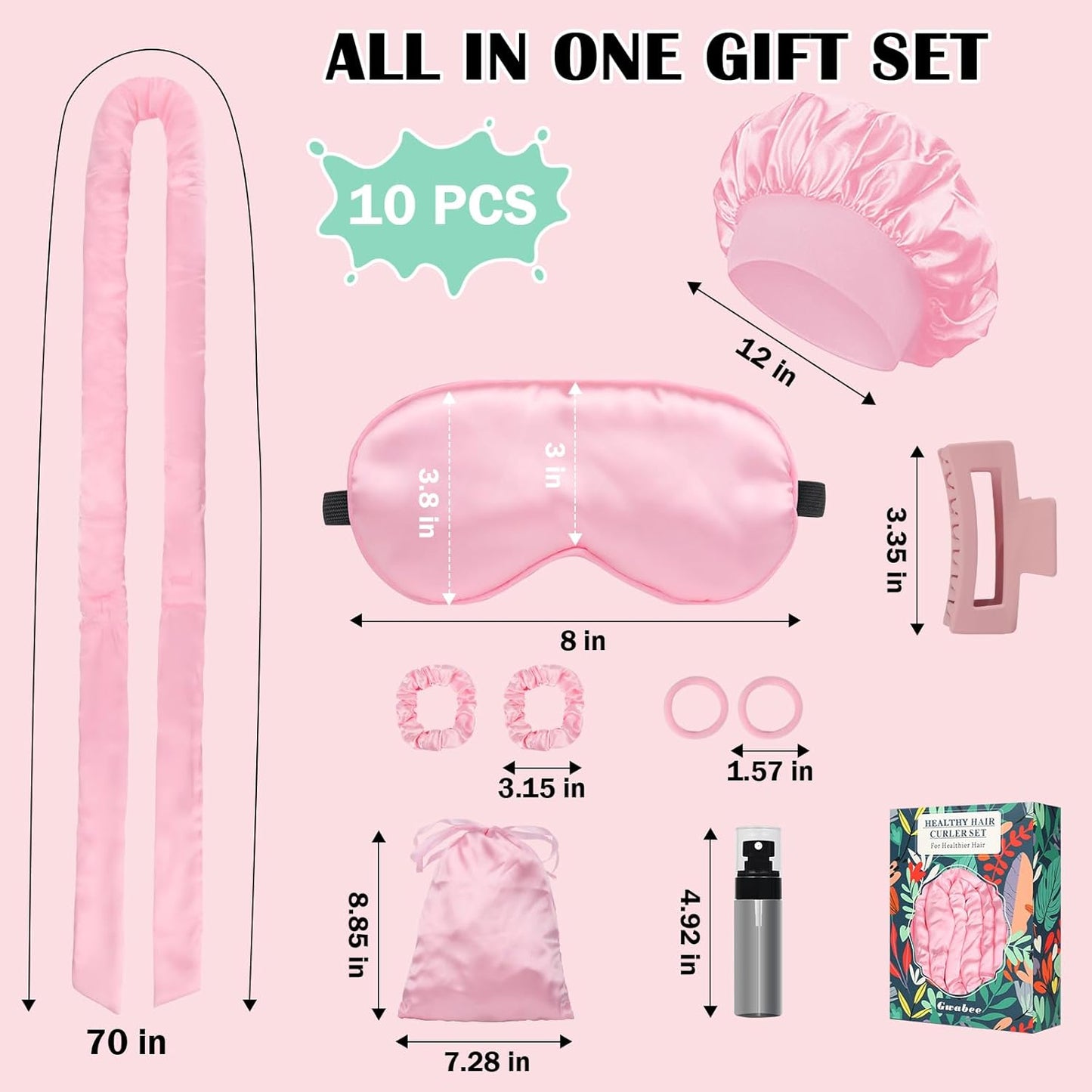 Satin Heatless Curls Overnight Hair Curlers to Sleep In Hair Curler Rollers No Heat Hair Wrap for Curls Headband, 70" Satin Heatless Curling Rod Set for Women Long Waves Hair Volume-Pink 10PCS