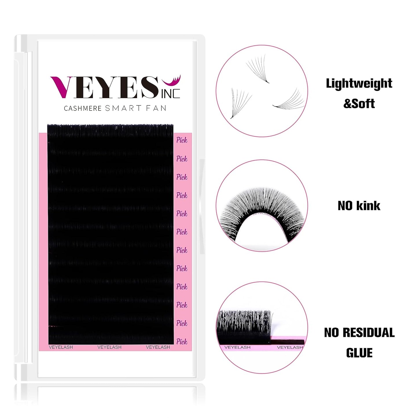 VEYES INC Cashmere Smart Fan Lash Extensions 0.03 0.05 0.07 C/CC/D Curl 8-20mm Mixed & Single Length, Super Matte Black Volume Lashes, Professional Supplies for Lash Techs (0.03 D 8mm)