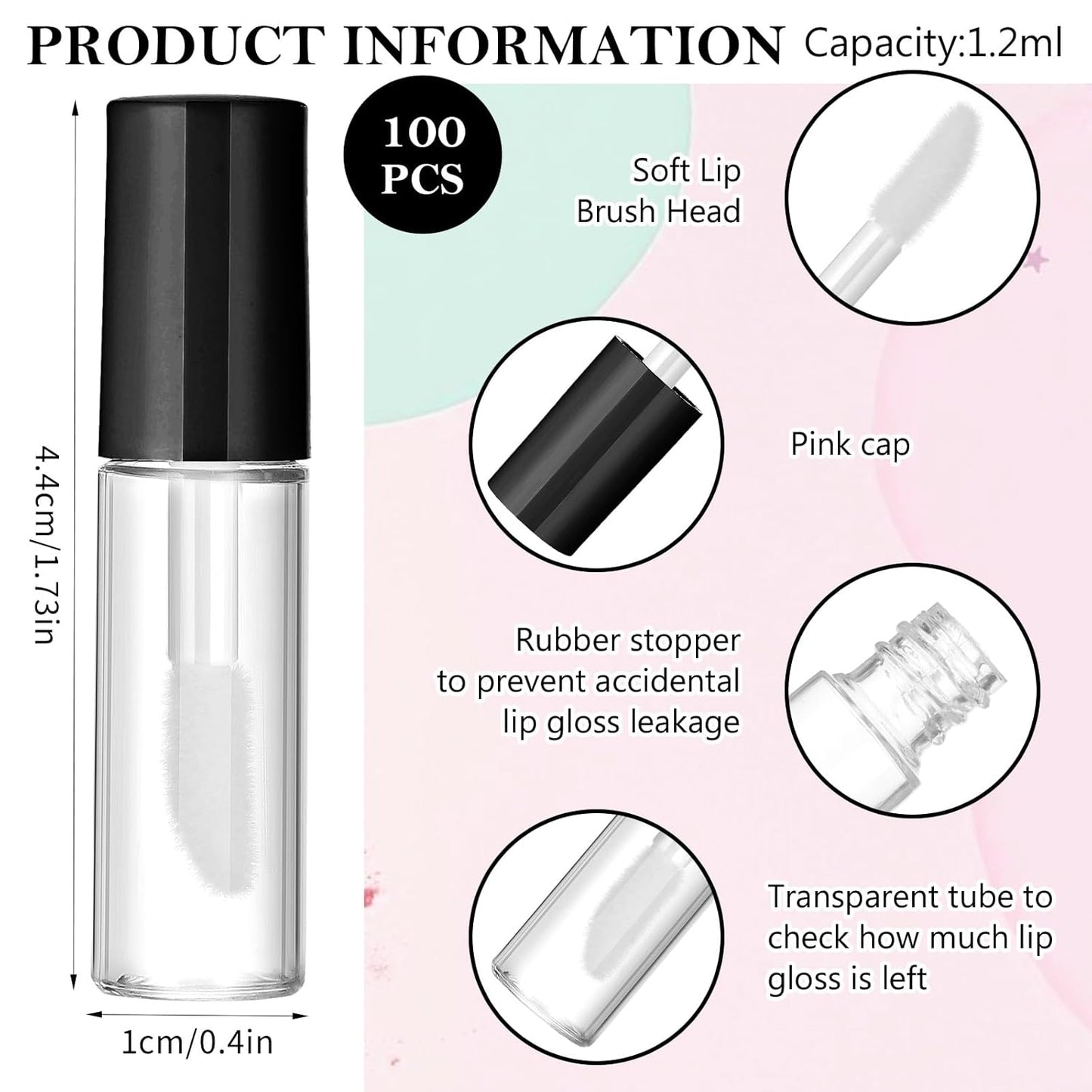 100 Pcs 1.2 ml Mini Lip Gloss Tubes Empty Lipgloss Tubes with Wand Clear Refillable Lip Balm Gloss Containers Lips Glosss Bottles for DIY Lipstick Samples Lips Balms Lipgloss Making(Black)