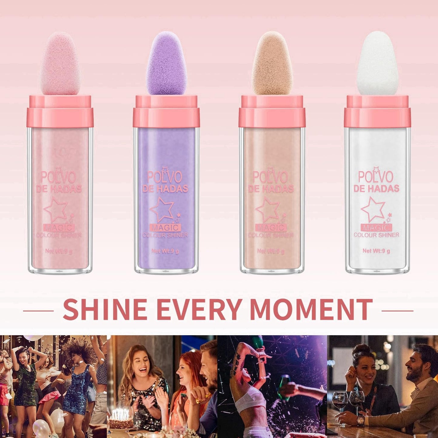 URQT 4 Color Polvo De Hadas Fairy Dust Highlight Patting Powder - Full Body Contouring and Clavicle Pearlescent Patting Powder for Face and Eye, Halloween Sparkling Body Glitter Powder (4 Pack)