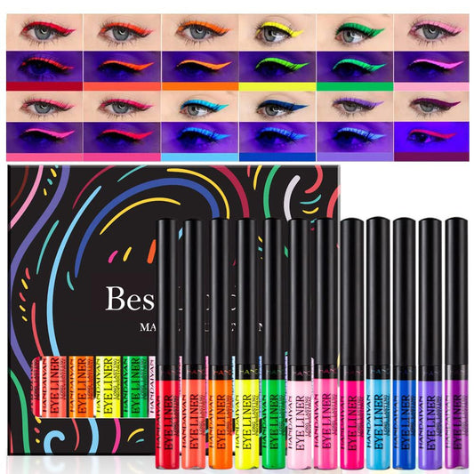 BestLand 12 Colors Matte Liquid Eyeliner Set Colorful UV Neon Eyeliner Pencil Pigmented Waterproof Smudgeproof Long Lasting Eye Liner Xmas Christmas Festival Makeup Gift Kit for Women (Set C)