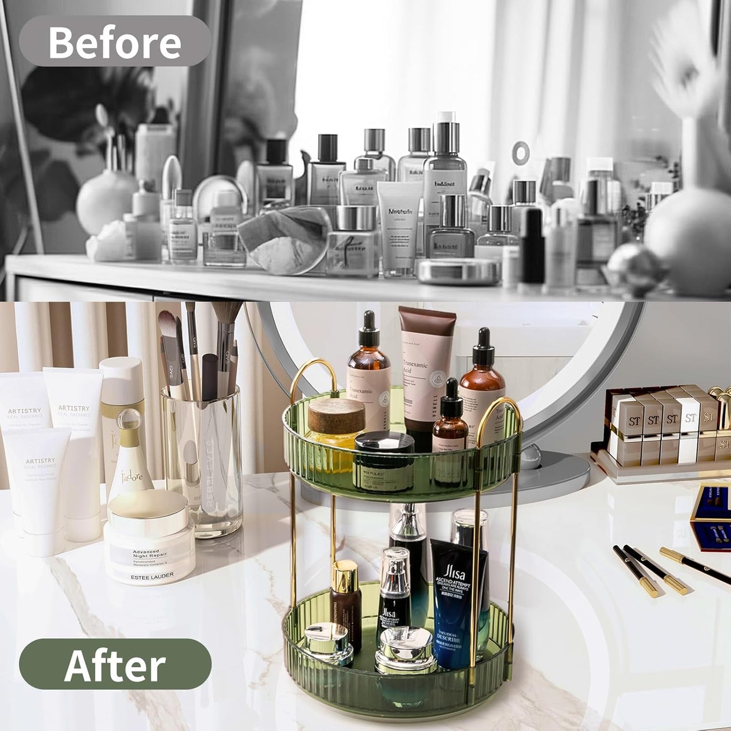 360 Rotating Makeup Organizer for Vanity,2 Tier Large Capacity Skincare Organizers,Bathroom Counter Organizer, Spinning Perfume Organizer & Vanity Organizer (Green-2 Tier)