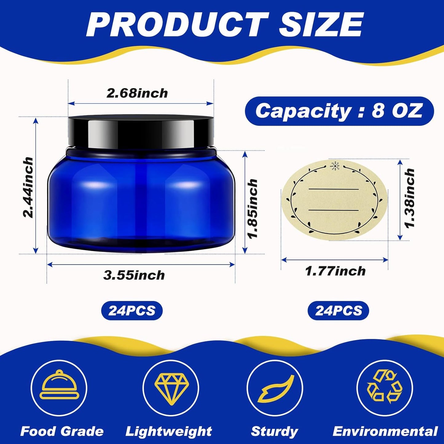 Tessco 24 Pack Plastic Jars with Lids Labels Empty Clear Plastic Jars Round Refillable Cosmetic Containers Body Butter Containers Bulk Sugar Scrub Bottle for Make Up(8 oz,Blue, Black)