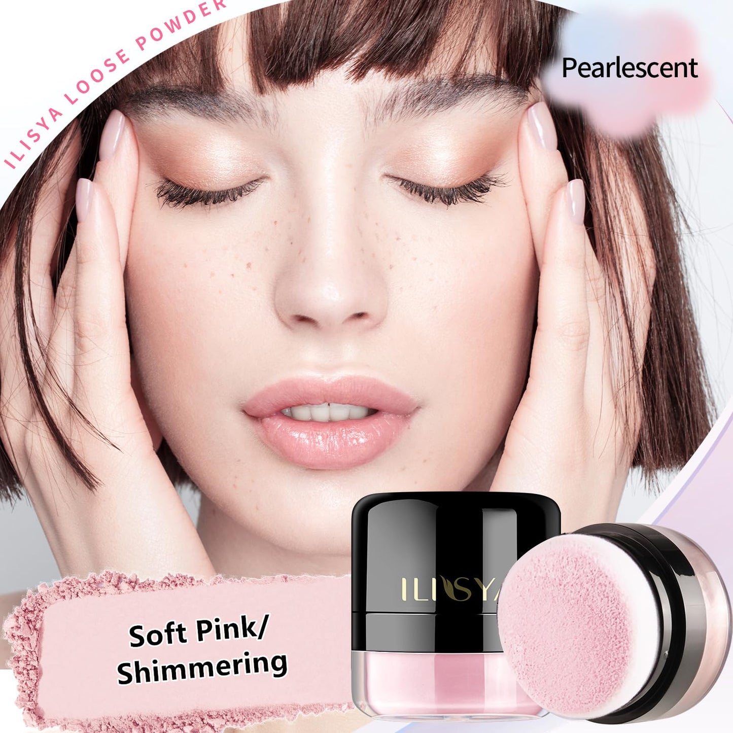 Setting Powder Lightweight Loose Powder Finishing Powder Long-Lasting Face Powder Waterproof with Soft Mushroom Powder Puff & Mirror, Shimmery Finish (Soft Pink/Shimmering)-2 Boxes