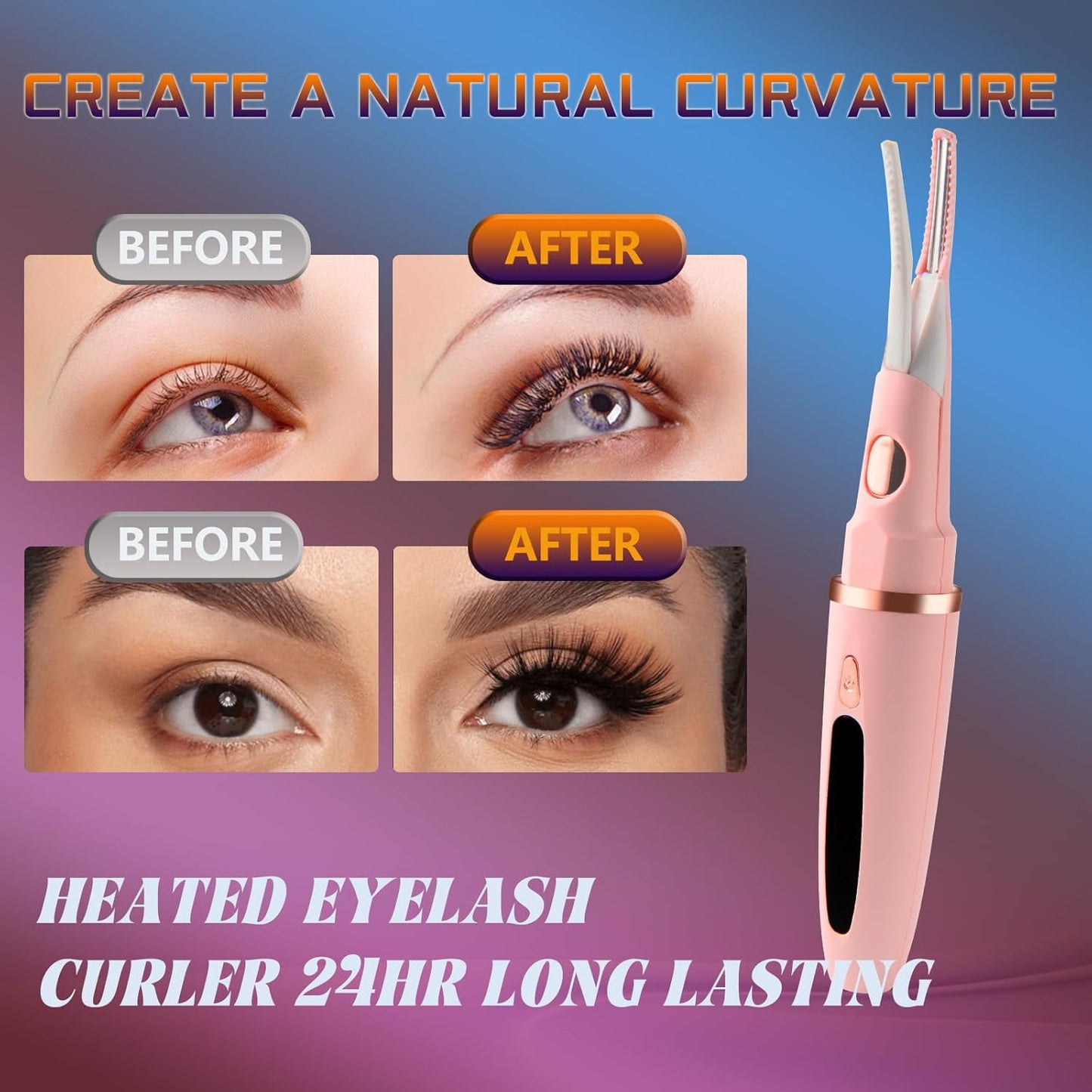 Heated Eyelash Curler - 2 in 1 Clip-Type Electric Lash Curler - 5S Heating - LED Display - 3 Temp Settings - USB Rechargeable - Pink