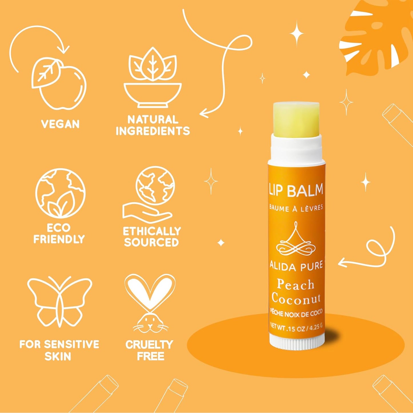 Peach Coconut Lip Balm Collection, Vegan Set, Lip Balm, Beeswax Free, with Organic Jojoba And Avocado Oil, Vitamin E, Natural Moisturizer for Dry, Chapped Lips, 3 Tube Set