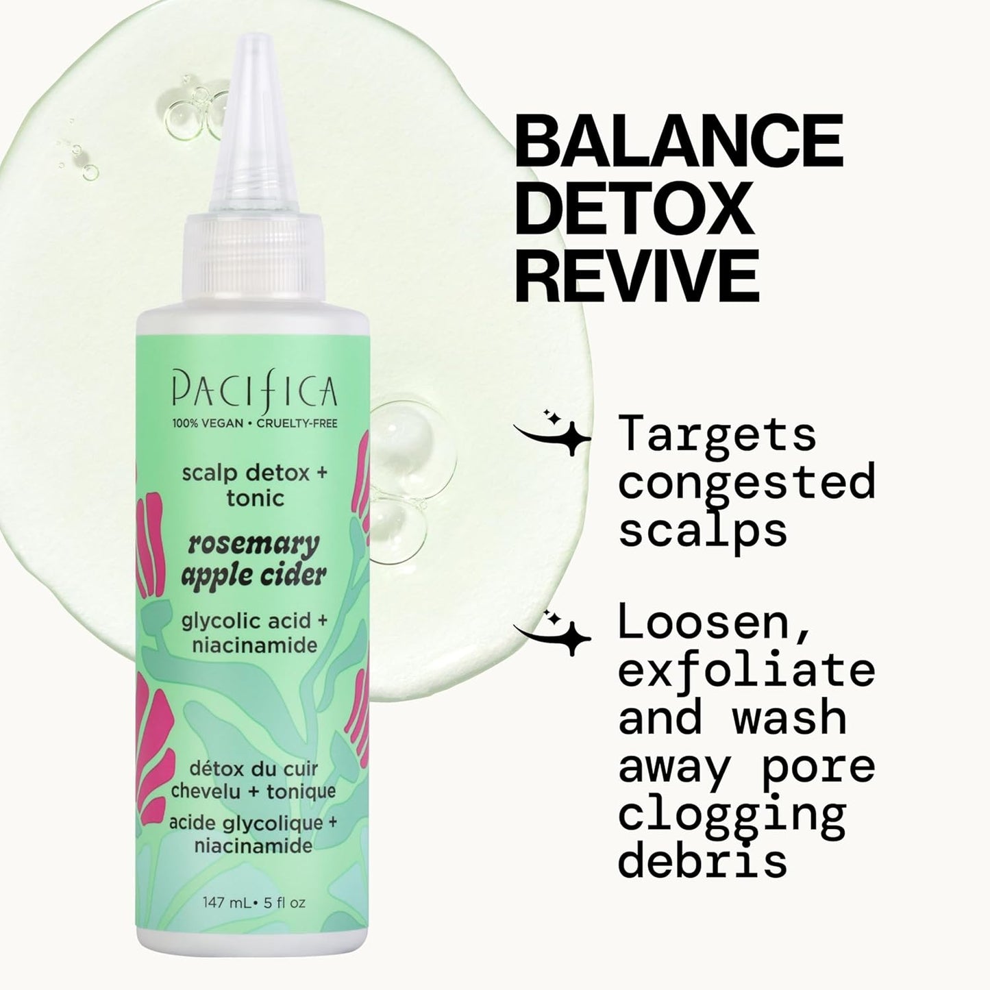 Pacifica Scalp Detox Set – Rosemary Apple Cider Vinegar Scalp Exfoliating Tonic with Scalp Massager Brush, Deep Cleansing & Clarifying Treatment for Buildup, Dry Flaky Scalp, Vegan