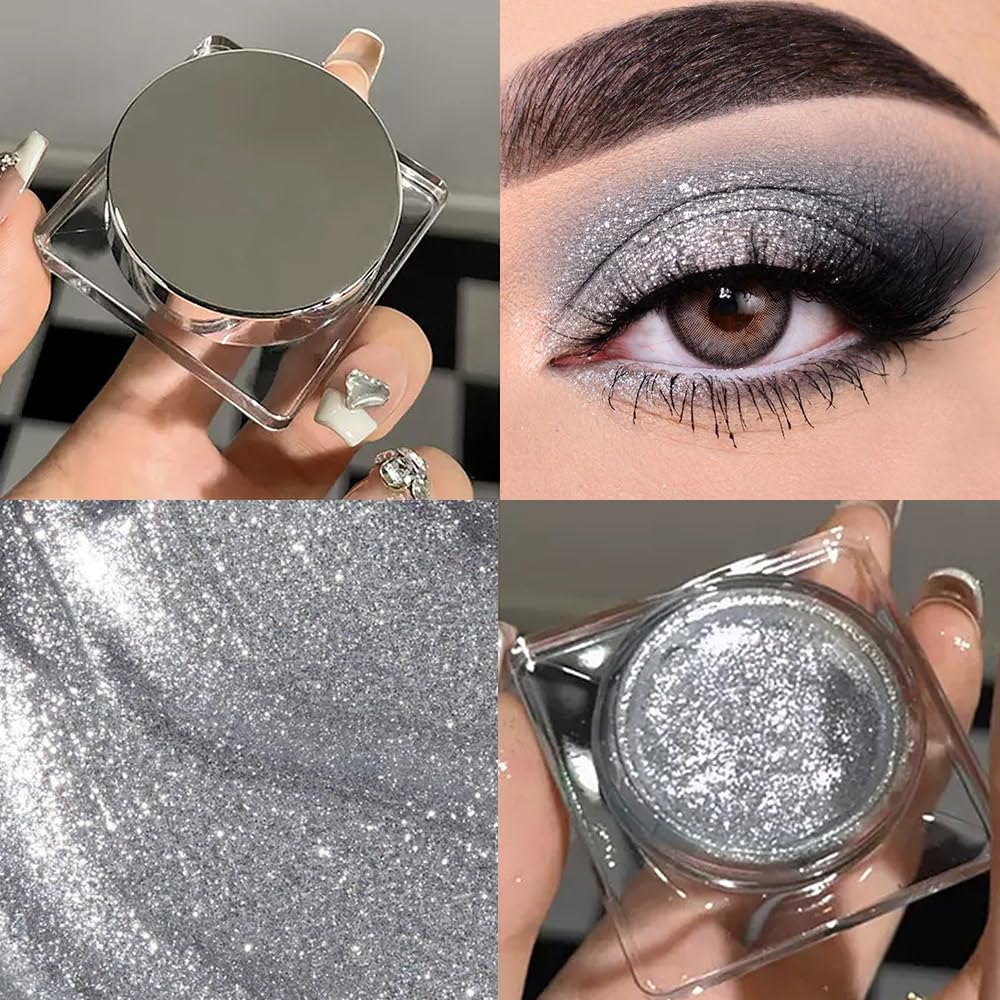 Single Cream Glitter Eyeshadow, Shimmer Eyeshadow Palette, Korean Eye Glitter Makeup, Ultra-Blendable, Sparkle Silver Eye Shadow, Single Shade Metallic Pigmented (Silver)