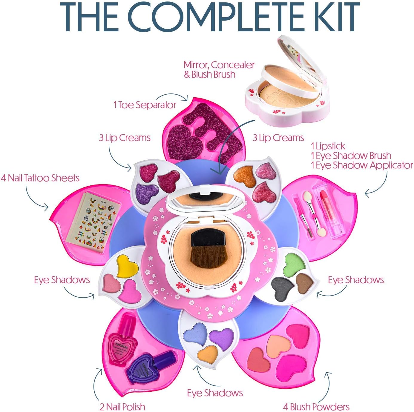 Toysical Kids Makeup Kit for Girl - Flower Shaped Makeup for Kids, Washable Non Toxic Makeup Kit for Girls with Mirror - Birthday and Christmas Make up Kit for Girls Age 6-12