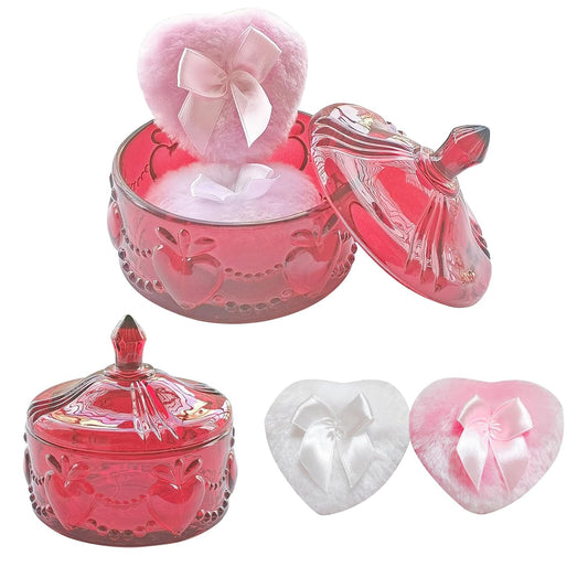 Body Powder Puff and Container - Glass Dusting Powder Container with 2 Soft Puffs Vintage Powder Puff Case for Women & Girls (3.93x3.93x4.13 H in) - GRB017-Red