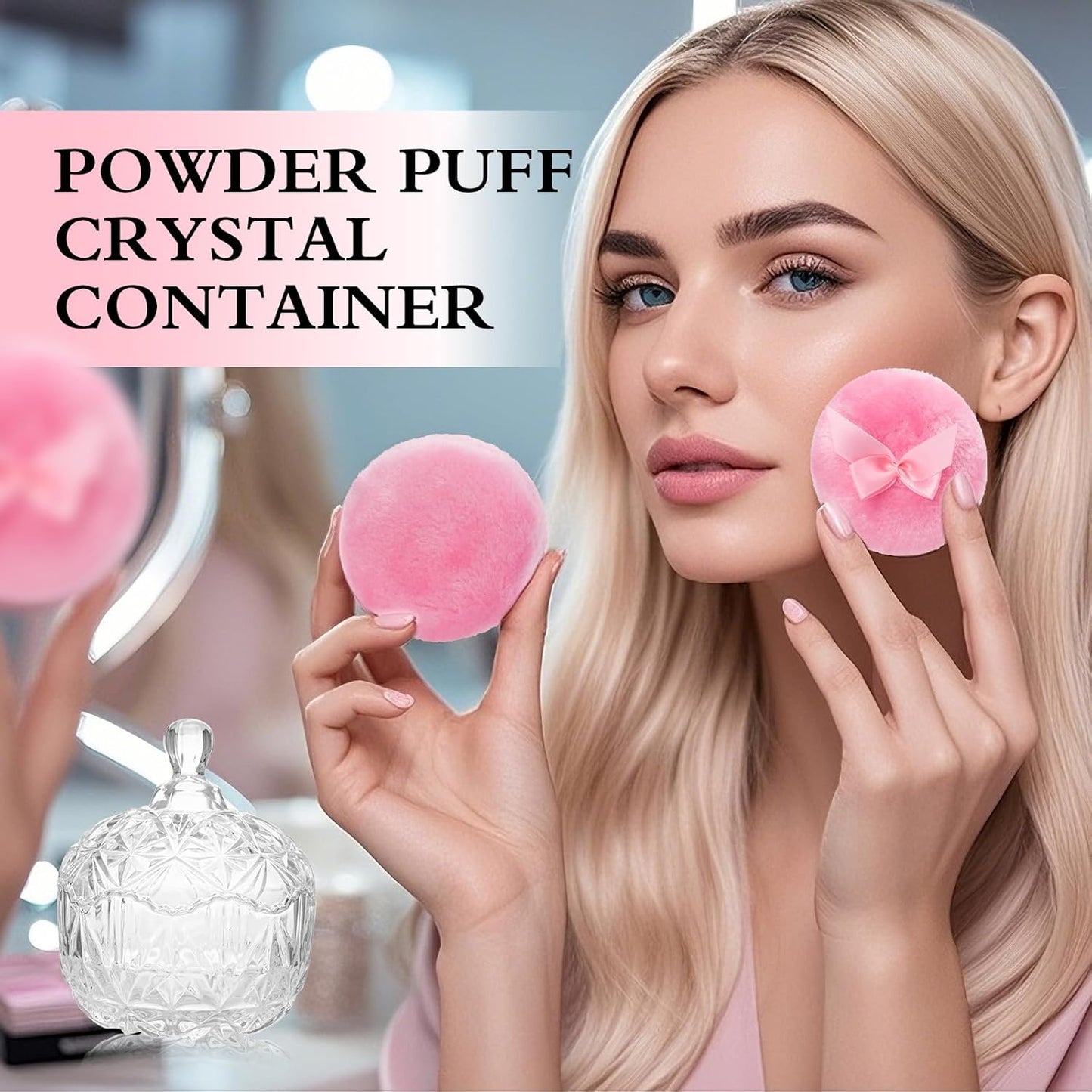 2 Pcs Large Body Powder Puff and Container, Dusting Powder Container with Puff, Crystal Case, Body Powder Puff for Women Soft Washable Reusable Velour Face Body Glitter Wet Dry Makeup(Diamond)