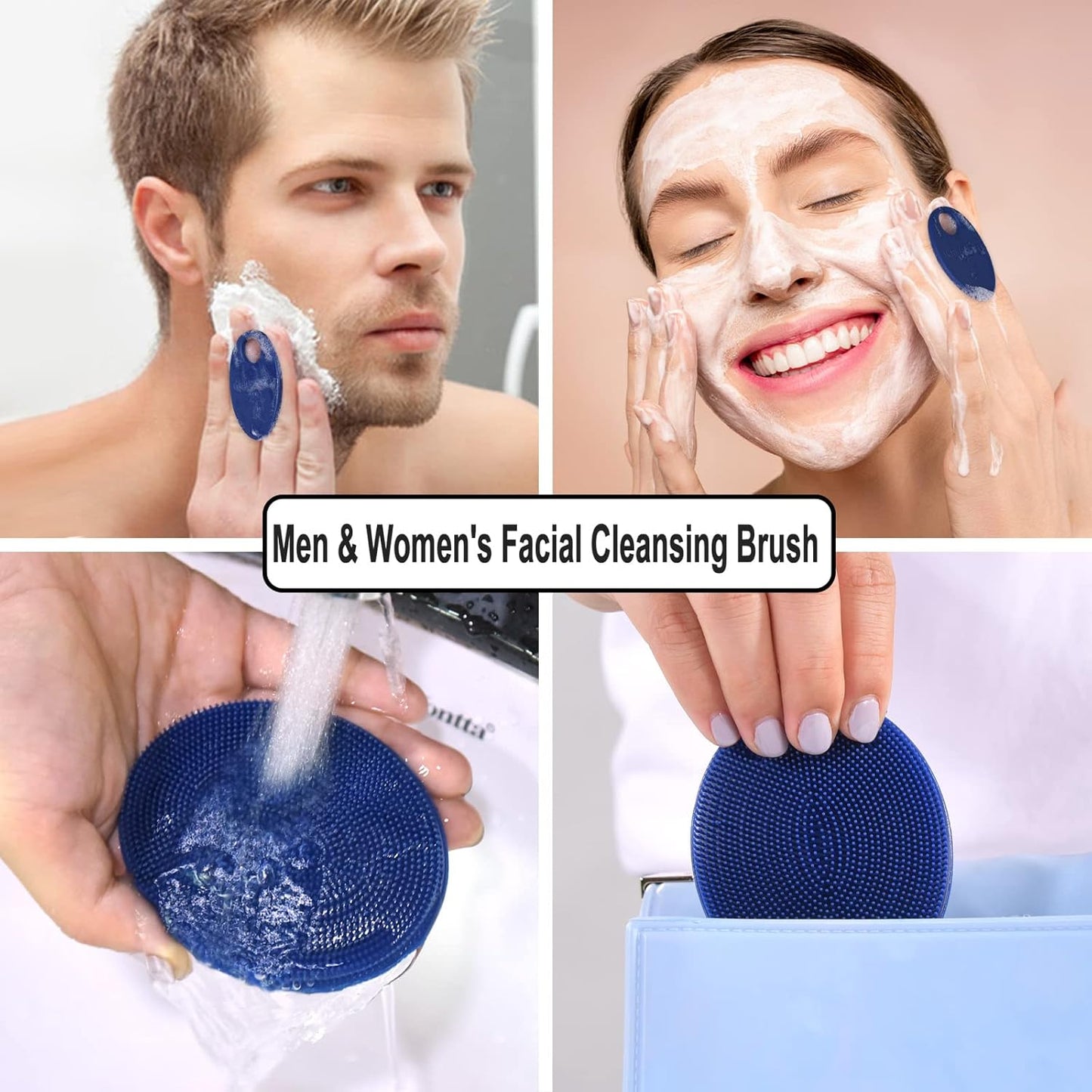 INNERNEED Silicone Face Exfoliating Brush Manual Handheld Facial Cleansing Scrubber Blackhead Remover, Food-Grade Soft Bristle (Dark Blue+Gray)