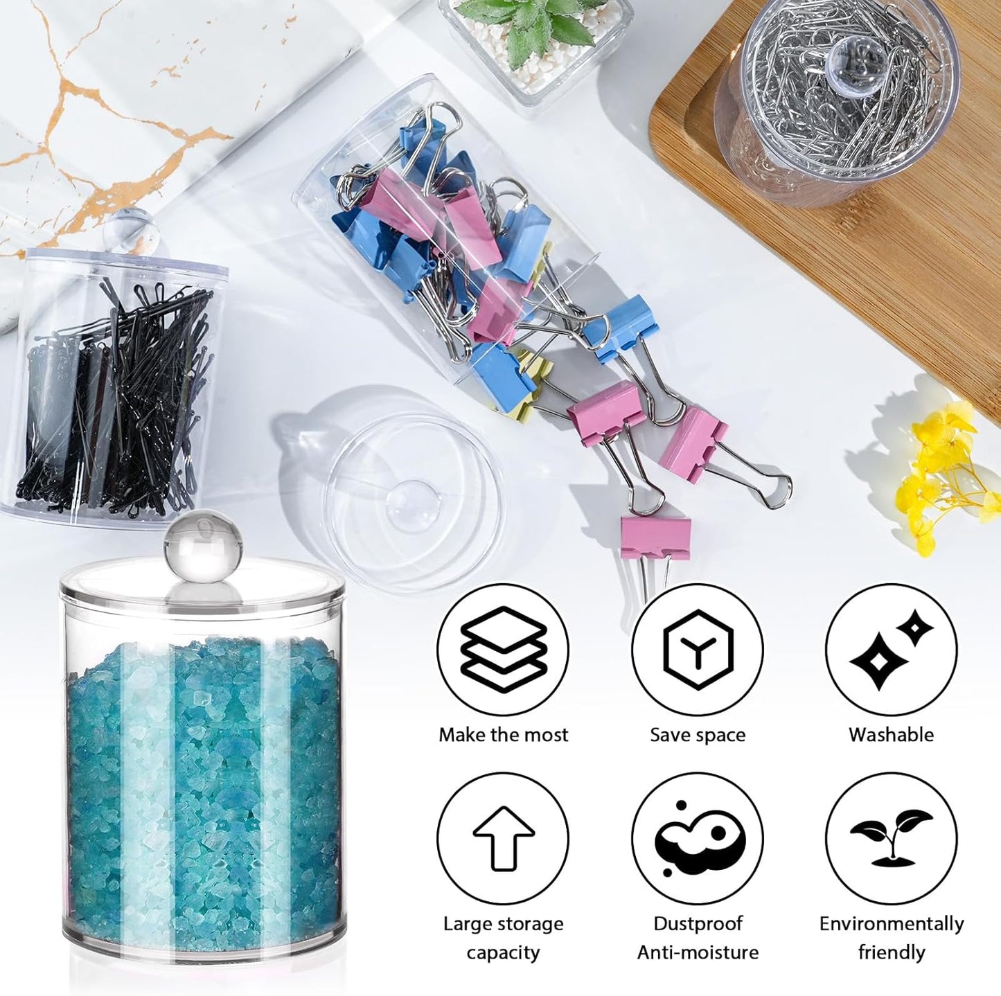 4 Pack Qtip Holder,Canister Apothecary Jar Set, Bathroom Jars with Lids Set for Cotton Swabs, Balls, Pads, Floss Picks,10oz-12oz Plastic Canisters Restroom Bedroom Vanity Organizer