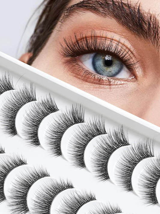 False Eyelashes Cat Eye Lashes Wispy 15mm Strip Eyelashes Thin Band Natural Lashes Fluffy Eyelashes Siligli Lashes Pack Fake Lashes 3D Volume Curly Eyelash 10 Pair