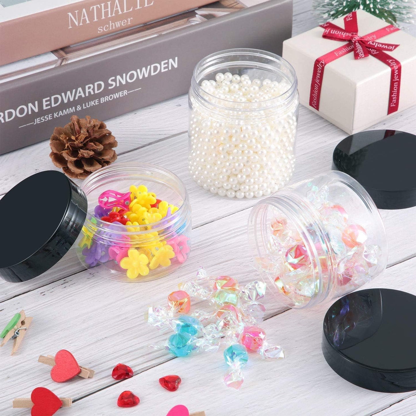 SATINIOR 24 Pieces Empty Clear Plastic Jars with Lids Round Storage Containers Wide-Mouth for Beauty Product Cosmetic Cream Lotion Liquid Butter Craft and Food (Black Lid, 2 oz)