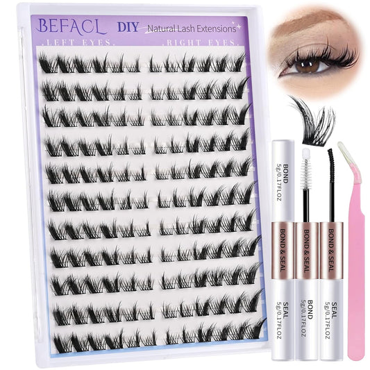 Natural Lash Clusters Wispy Cluster Eyelash Extensions Spiky Individual Lashes 8-17mm LC Curl Manga Eyelash Clusters with Lash Bond and Seal Soft Lashes Clusters Kit(132Pcs)