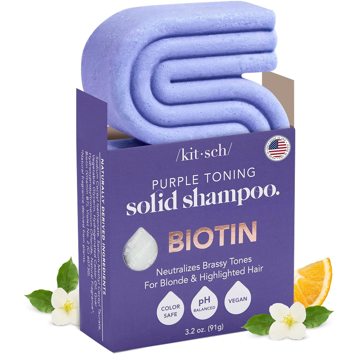 Kitsch Toning Purple Shampoo For Blondes & Color Treated Hair - Shampoo Bar For Women and Men - Biotin Shampoo for Strengthening & Neutralizing Brassy Tones - Vegan, Silicone & Sulfate Free - 3.2 oz
