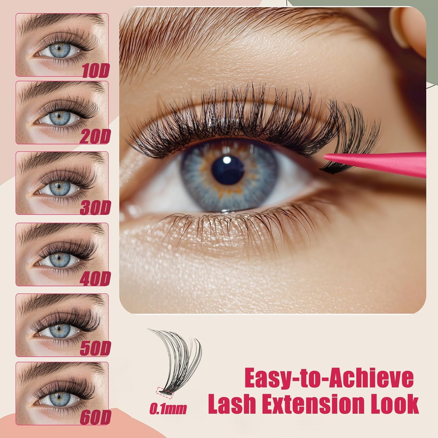 Lash Clusters 600PCS Lashes - Wispy Lash Clusters 10D 20D 30D+40D50D60D Individual Lashes Clusters D Curl Lash Extension 8-16MM Eyelash Clusters with Lash Bond and Seal