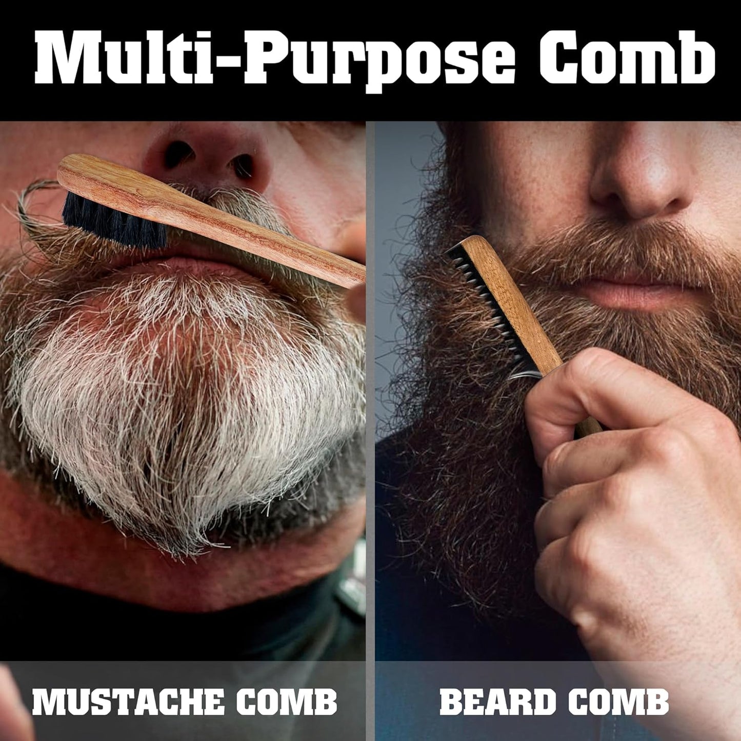 2-in-1 Beard Comb & Brush - Mustache & Beard Comb for Men. Handcrafted from Solid Wood, Buffalo Horn, and Cow Tail Hair. Comes in a Box, Perfect for Gifting.