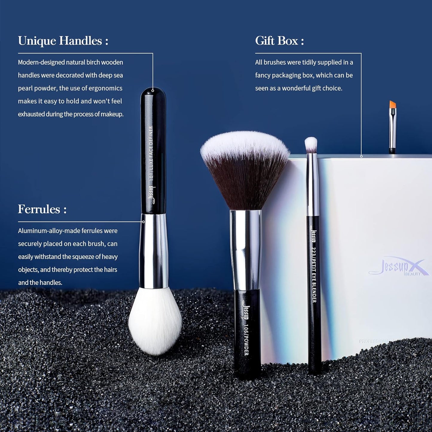 Jessup 25pcs Professional Makeup Brush Set Foundation Powder Concealer Eyeshadow Blending Blush Highlighter Natural-Synthetic Hair Brushes (Black/Silver)