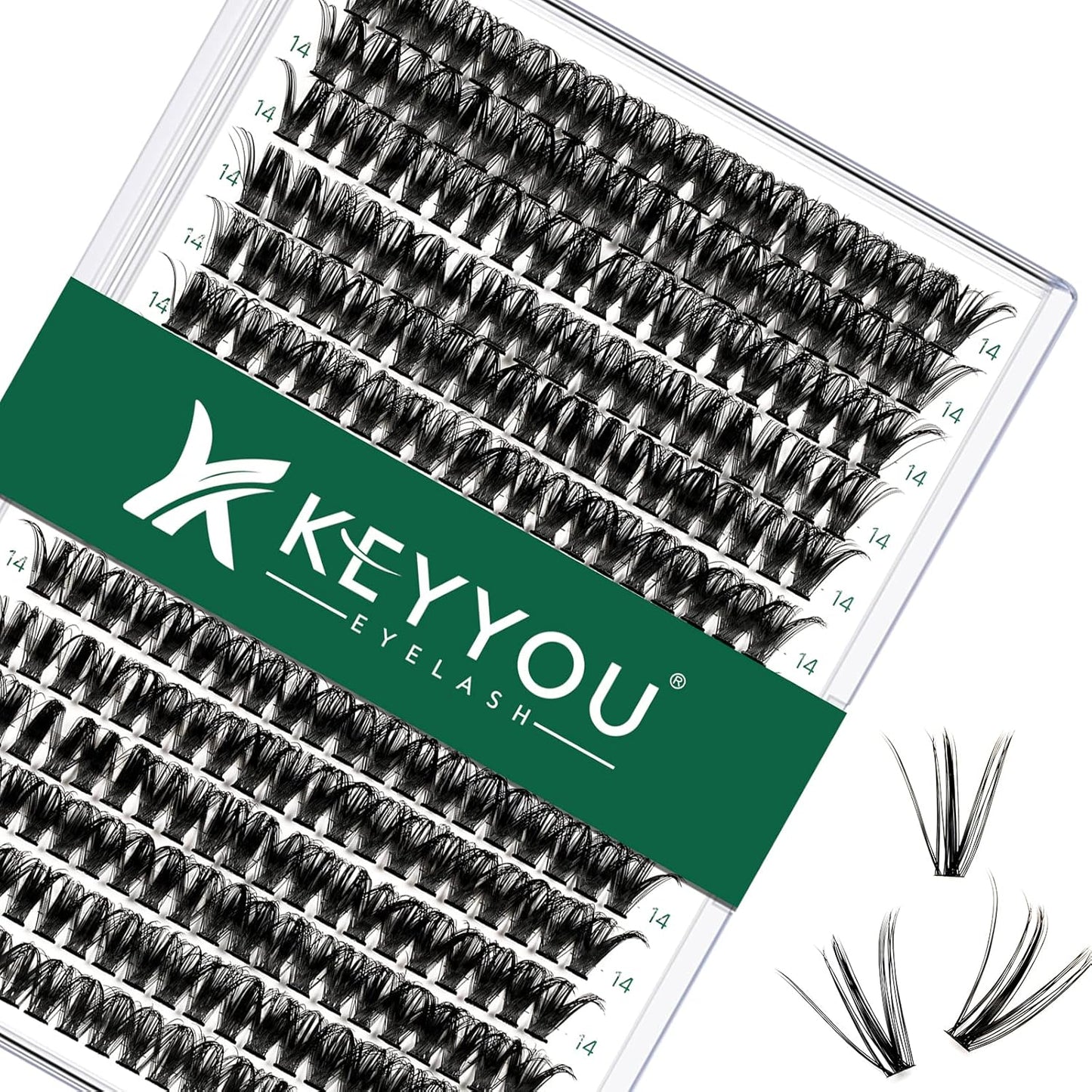 Lash Clusters 300pcs Individual Lashes 50D 0.07C Curl 14mm DIY Eyelash Extension KEYYOU Large Tray Volume Soft&Natural Cluster Lashes(50D-0.07C,14）