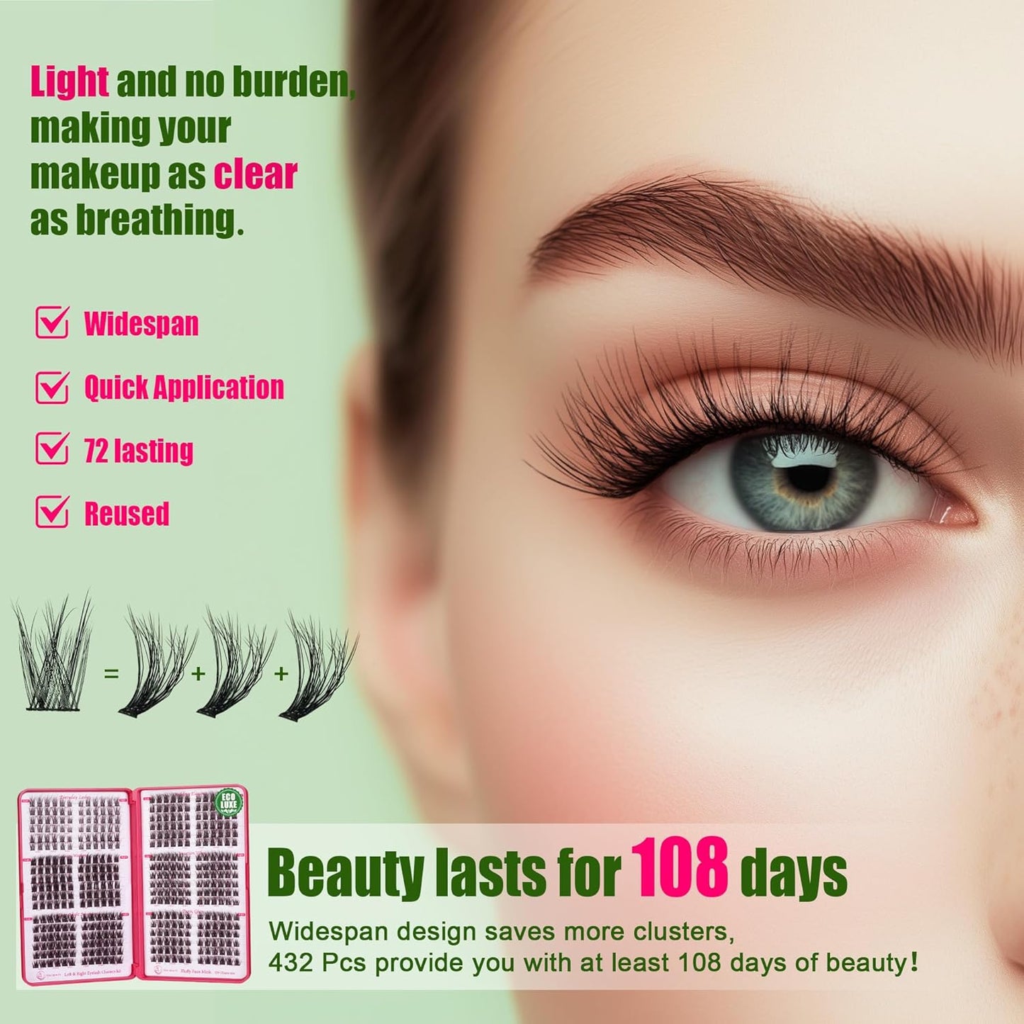 Lash Clusters Kit - 0.05mm Lash Clusters Natural & Fluffy Lash Extension Kit 432Pcs Biodegradable Eyelash Clusters with Bond Seal Starter Kit, Cruelty Free Eyelashes Lightweight Reusable