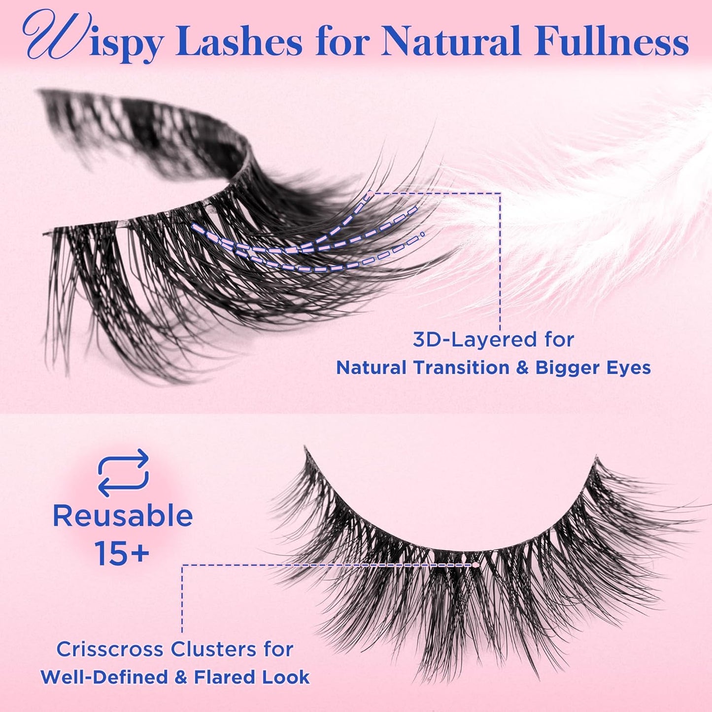 Bepholan Fales Eyelashes 7-14mm Natural Look 3D Volume Eyelashes Pack 5 Pair Soft Thin Black Band Fluffy Fake Lashes Easy to Apply(C0217)