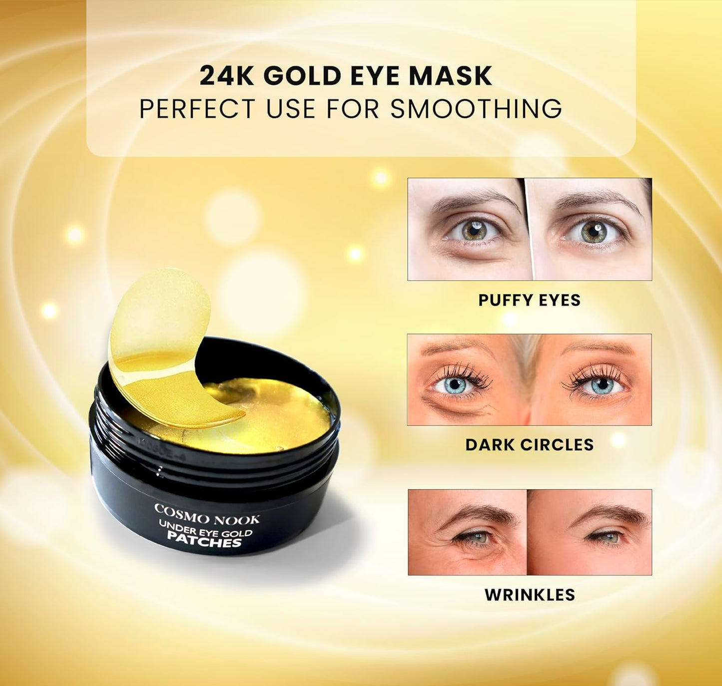 24k Gold Under Eye Patches - 60 Pcs Eye Mask Pure Gold Anti-Aging Collagen Hyaluronic Acid Under Eye Mask for Removing Dark Circles, Puffiness & Wrinkles Refresh Your Skin