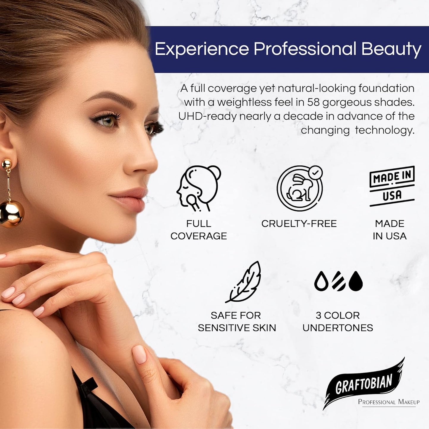 Graftobian HD Glamour Crème Foundation 1/2oz, Weightless Full Coverage Makeup, 65 Inclusive Shades, For All Skin Types, Natural or Full-Glam Looks, For Professionals and Beginners, Buttermilk