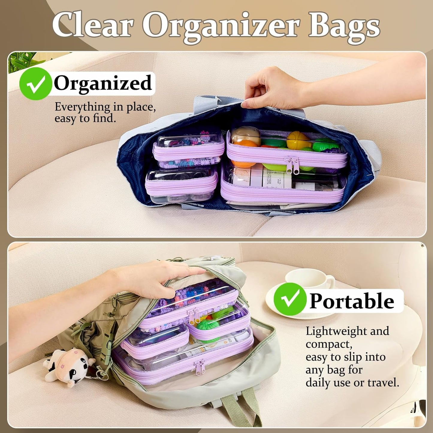 4 pcs Clear Zipper Pouches,Hard Shell Zipper Case, Toiletry Bag for Travel, CLear Diaper Bag, Toiletry Pouch, Travel Organizer, Clear Cosmetic Bag,Toy Storage Bins (M+3S) (Lavender)