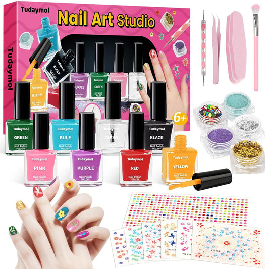 Tudaymol Nail Polish Set for Kids - Water-Based Peelable Polish-8 Colors with Glitter, Gems, Stickers, Pens, Tools, DIY Nail Art Kit, Non-Toxic Girl Toys Birthday Gift for Girls Ages 6 7 8 9 10 11 12