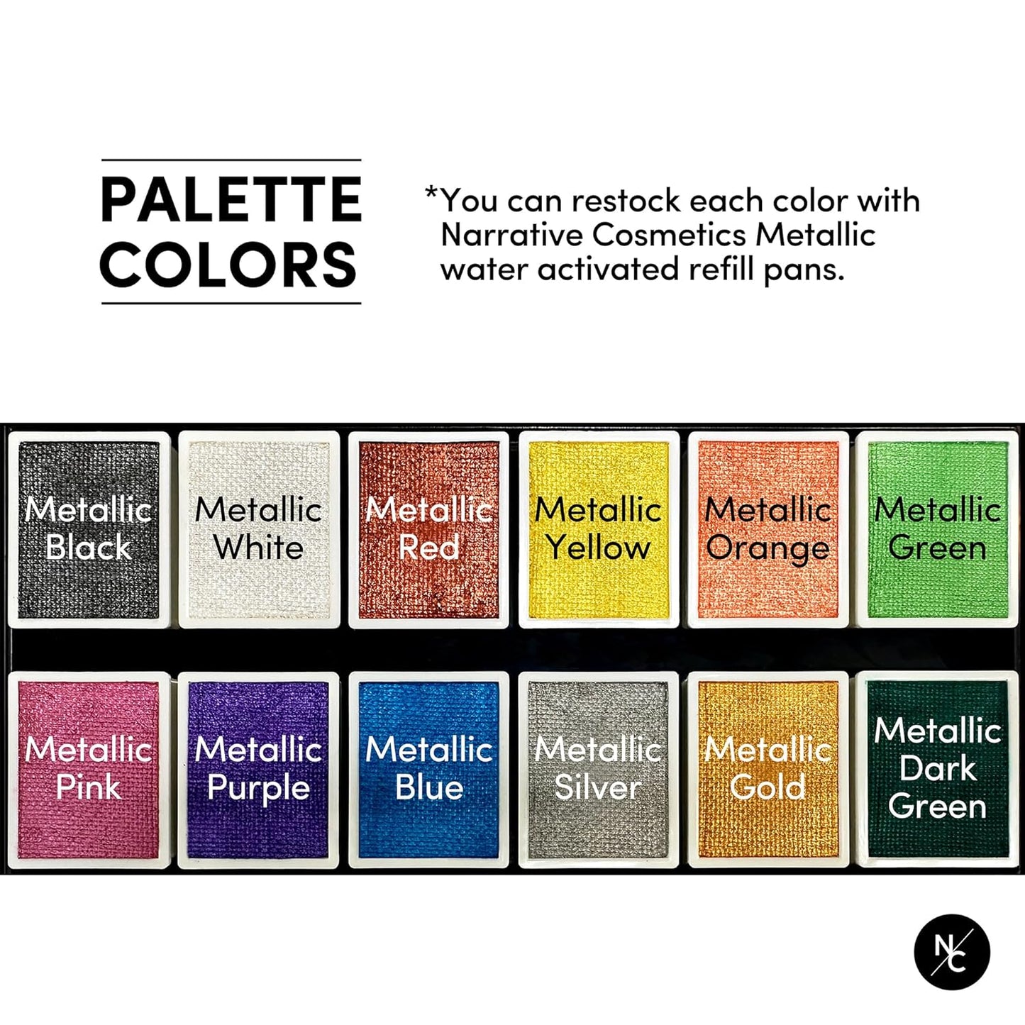 Metallic 12-Color Palette - Luxurious Water-Activated Makeup for Face & Body - Shimmering Shades for SFX, Cosplay, Theater, Film & TV Makeup Artists